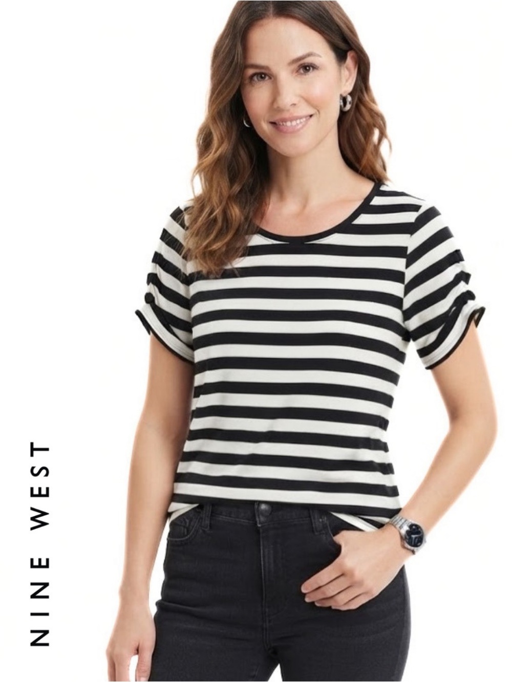 Knit Crewneck • NWOT
Nine West • Women’s White & Black Striped Puffed SleevesTee